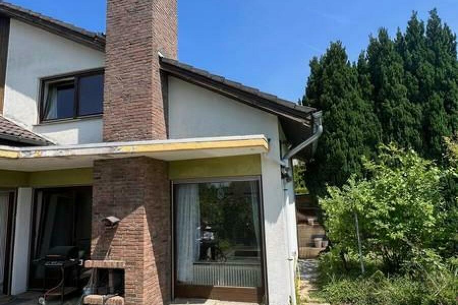 1 Rückseite mit Außen-Innenkamin und Terrasse